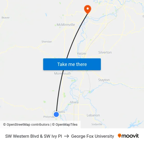 SW Western Blvd & SW Ivy Pl to George Fox University map