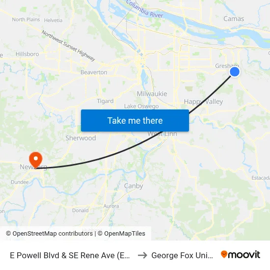 E Powell Blvd & SE Rene Ave (Eastbound) to George Fox University map