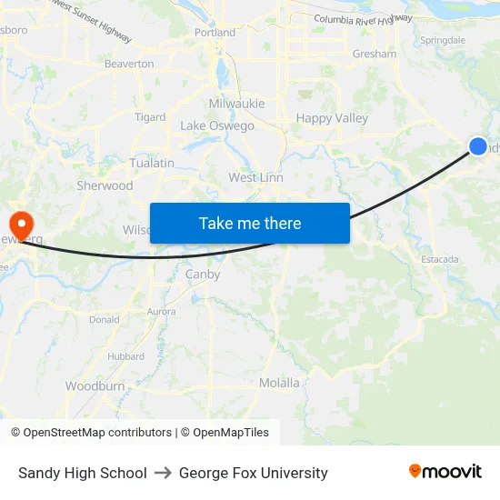 Sandy High School to George Fox University map