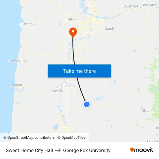 Sweet Home City Hall to George Fox University map