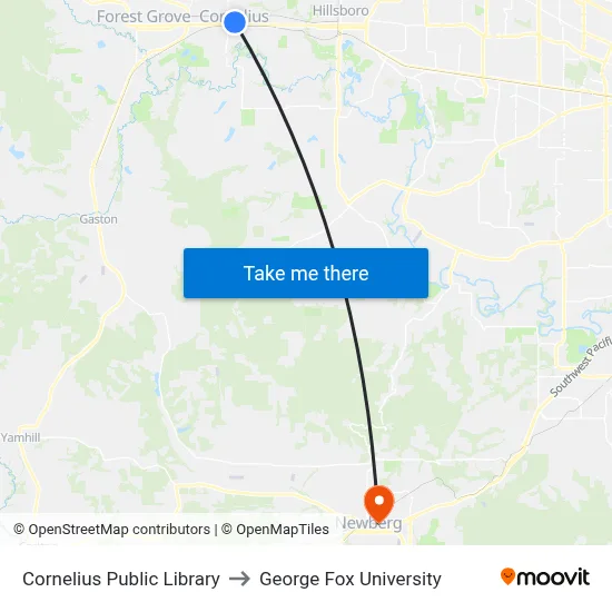 Cornelius Public Library to George Fox University map