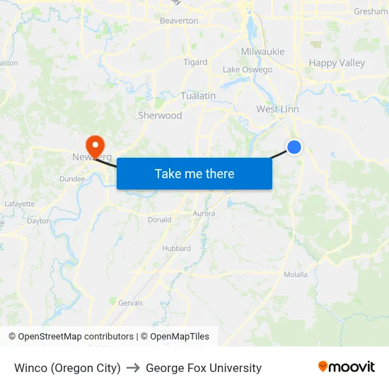 Winco (Oregon City) to George Fox University map