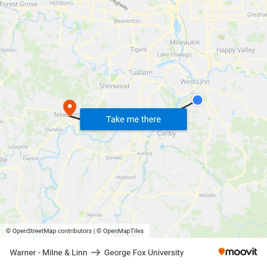 Warner - Milne & Linn to George Fox University map