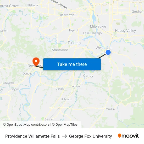 Providence Willamette Falls to George Fox University map