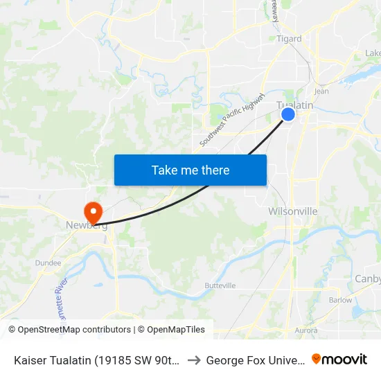 Kaiser Tualatin (19185 SW 90th Ave) to George Fox University map