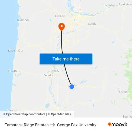Tamarack Ridge Estates to George Fox University map
