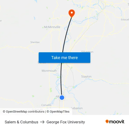 Salem & Columbus to George Fox University map