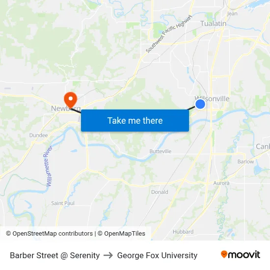 Barber Street @ Serenity to George Fox University map