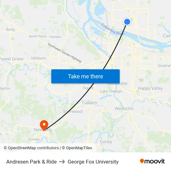 Andresen Park & Ride to George Fox University map