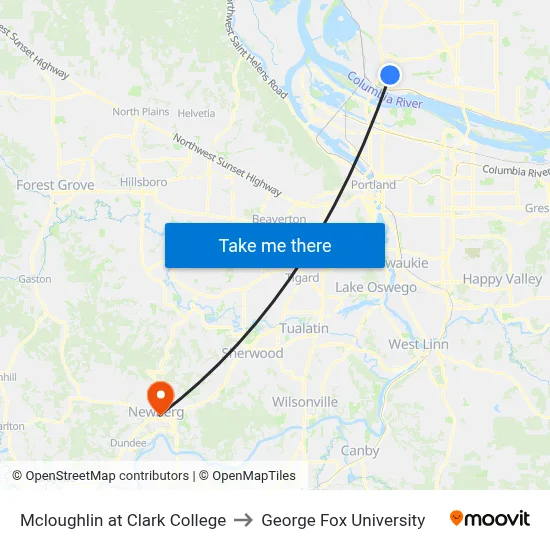 Mcloughlin at Clark College to George Fox University map