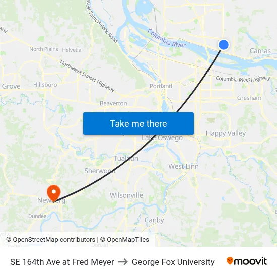 SE 164th Ave at Fred Meyer to George Fox University map