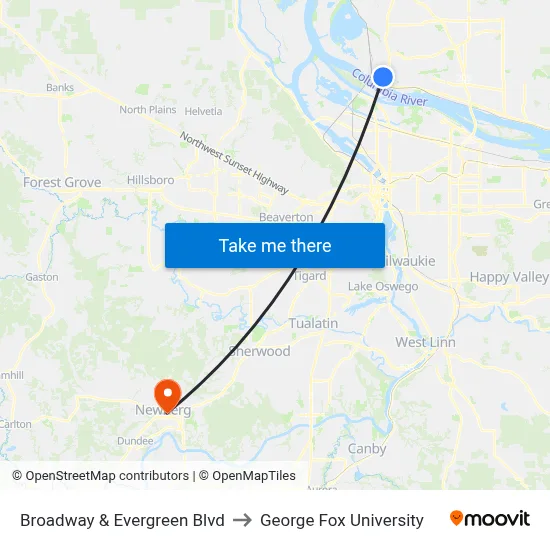 Broadway & Evergreen Blvd to George Fox University map