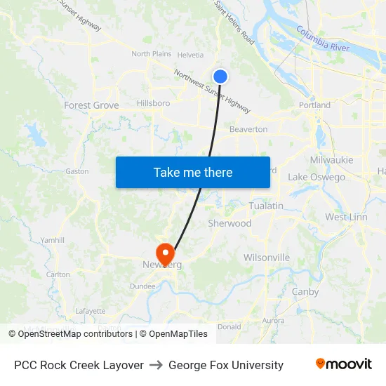 PCC Rock Creek Layover to George Fox University map