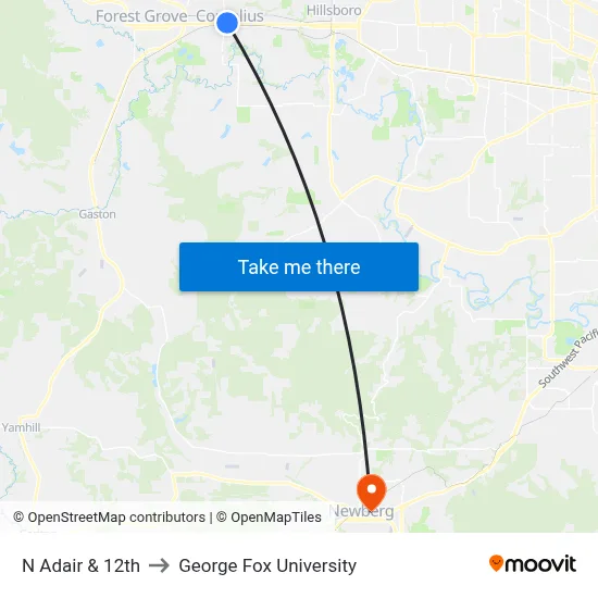 N Adair & 12th to George Fox University map
