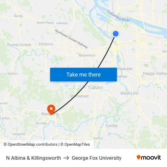 N Albina & Killingsworth to George Fox University map