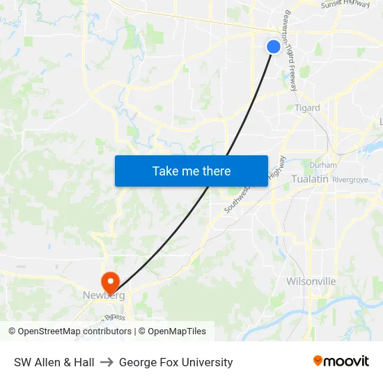 SW Allen & Hall to George Fox University map