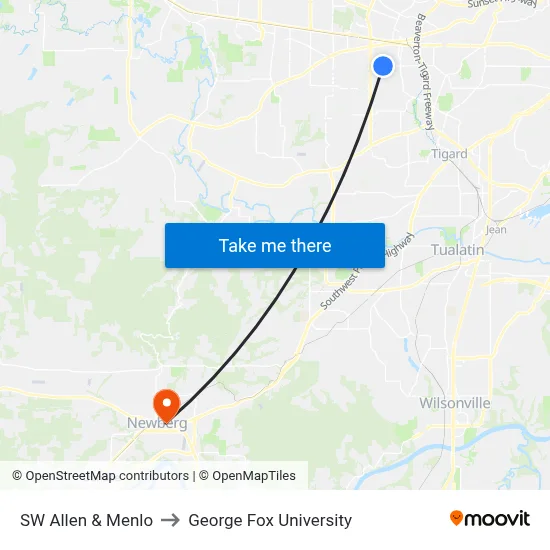 SW Allen & Menlo to George Fox University map