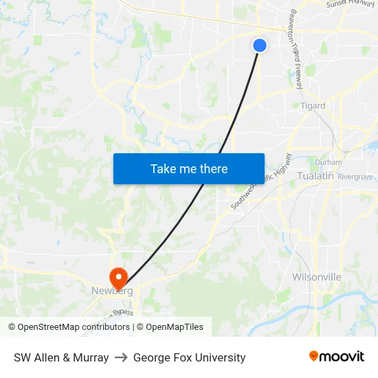 SW Allen & Murray to George Fox University map