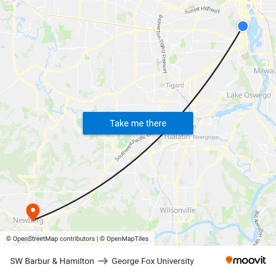 SW Barbur & Hamilton to George Fox University map