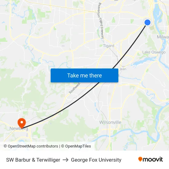 SW Barbur & Terwilliger to George Fox University map