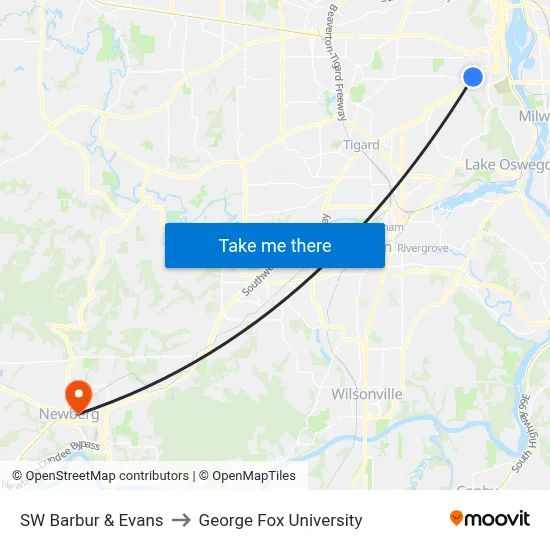 SW Barbur & Evans to George Fox University map