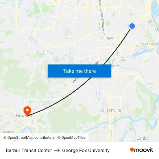 Barbur Transit Center to George Fox University map