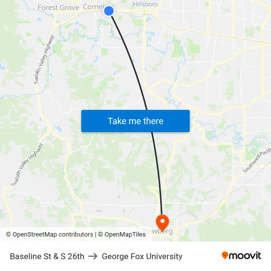 Baseline St & S 26th to George Fox University map