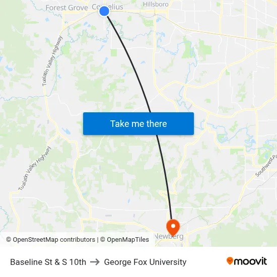 Baseline St & S 10th to George Fox University map