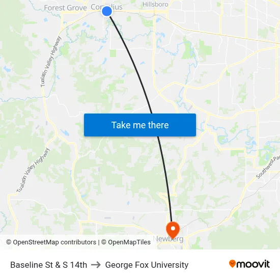 Baseline St & S 14th to George Fox University map