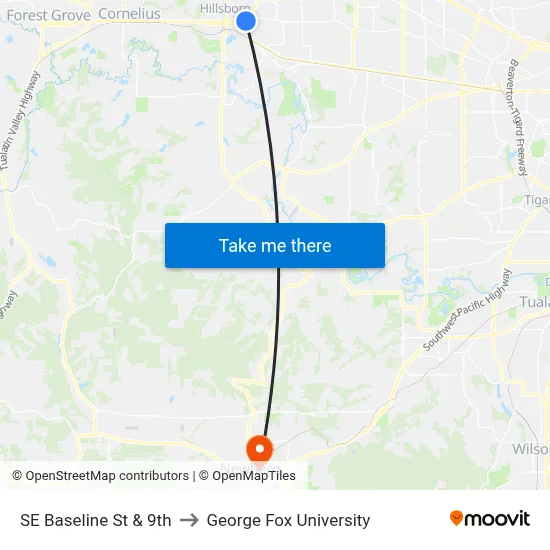 SE Baseline St & 9th to George Fox University map