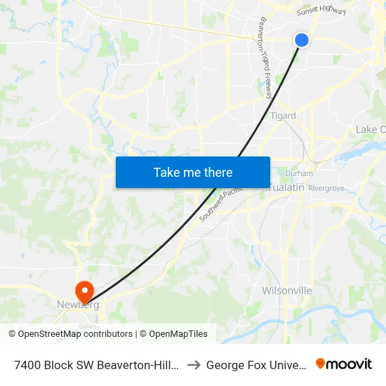 7400 Block SW Beaverton-Hillsdale to George Fox University map