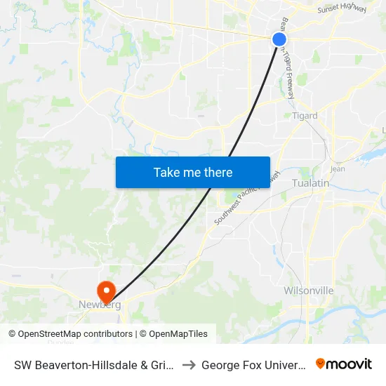 SW Beaverton-Hillsdale & Griffith to George Fox University map