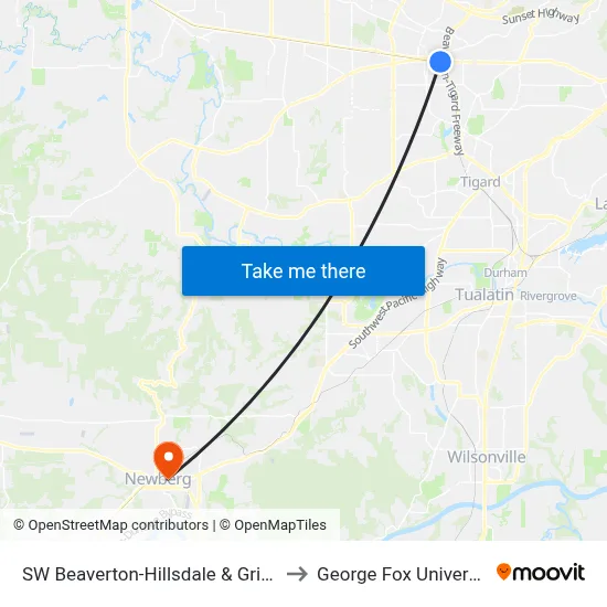 SW Beaverton-Hillsdale & Griffith to George Fox University map