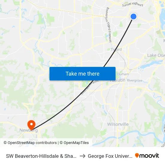 SW Beaverton-Hillsdale & Shattuck to George Fox University map