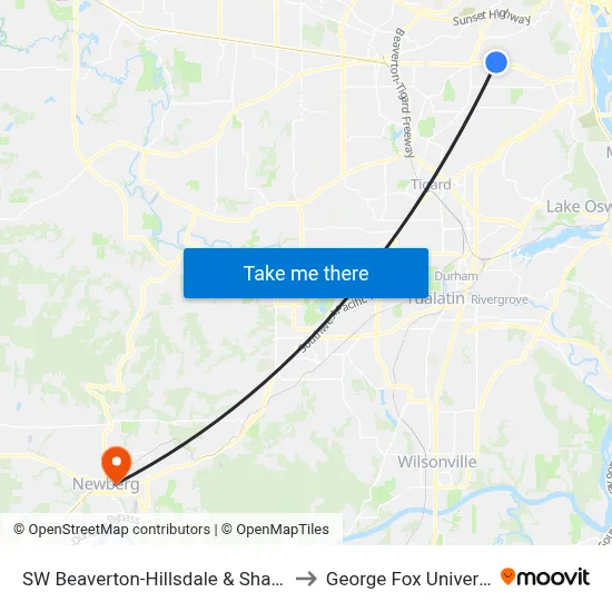 SW Beaverton-Hillsdale & Shattuck to George Fox University map