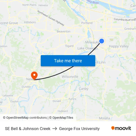 SE Bell & Johnson Creek to George Fox University map