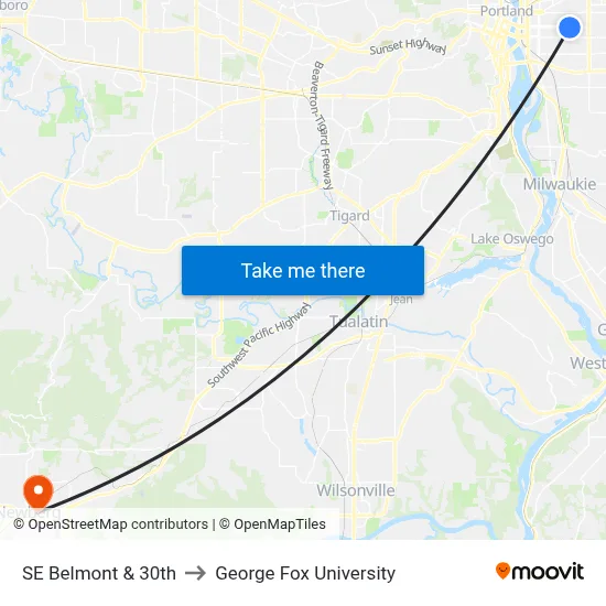 SE Belmont & 30th to George Fox University map