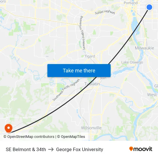 SE Belmont & 34th to George Fox University map