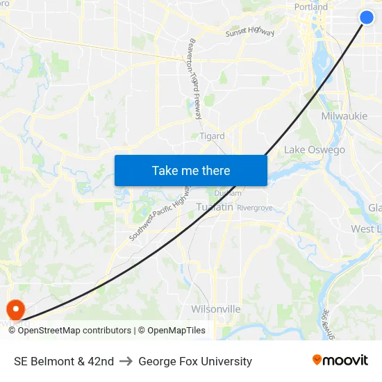 SE Belmont & 42nd to George Fox University map
