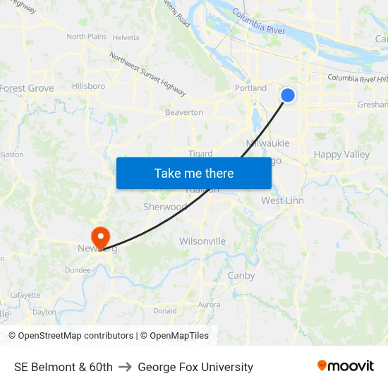 SE Belmont & 60th to George Fox University map