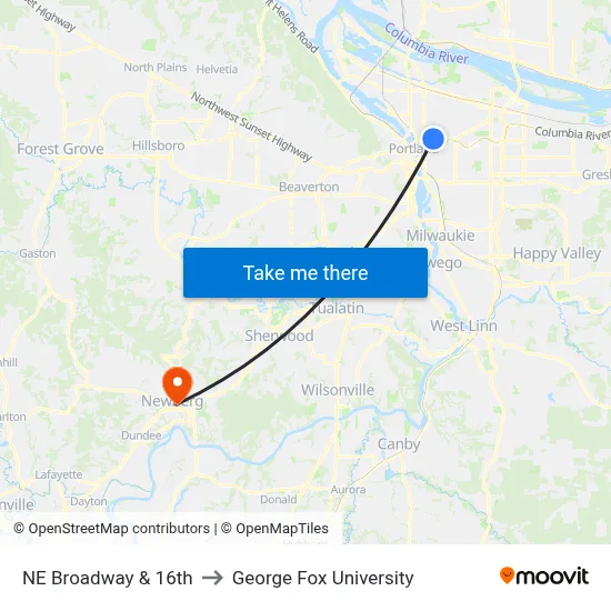 NE Broadway & 16th to George Fox University map