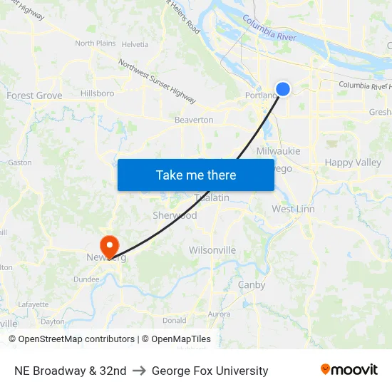 NE Broadway & 32nd to George Fox University map