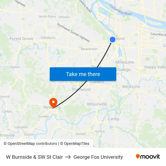 W Burnside & SW St Clair to George Fox University map