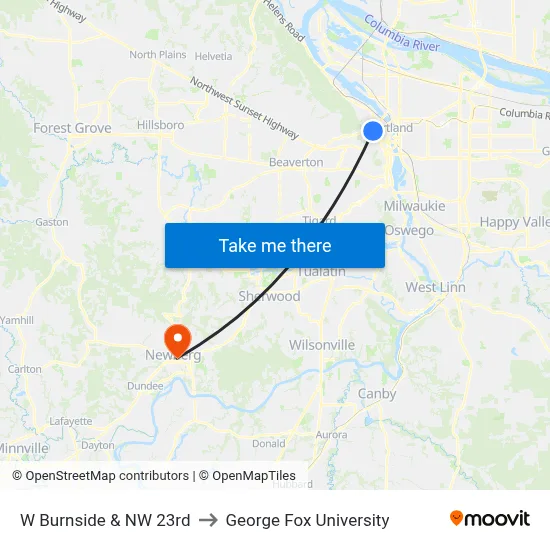 W Burnside & NW 23rd to George Fox University map