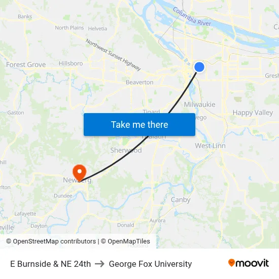 E Burnside & NE 24th to George Fox University map