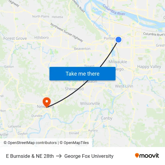 E Burnside & NE 28th to George Fox University map