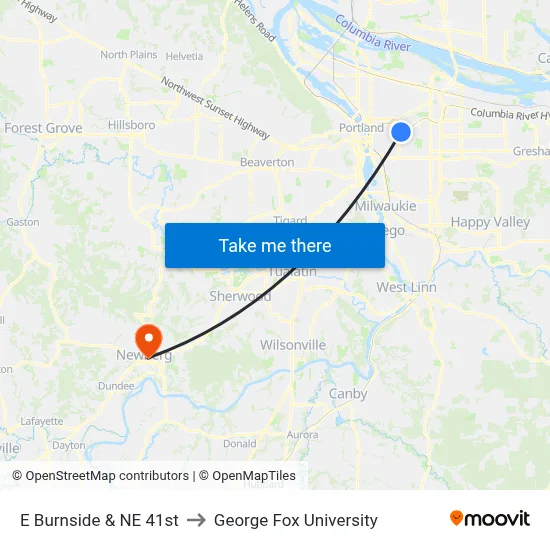 E Burnside & NE 41st to George Fox University map