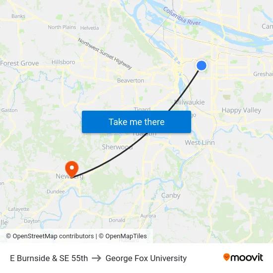 E Burnside & SE 55th to George Fox University map
