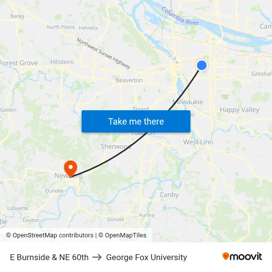 E Burnside & NE 60th to George Fox University map
