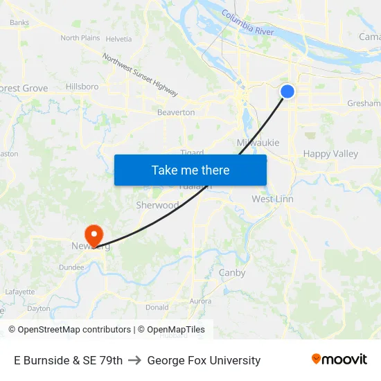 E Burnside & SE 79th to George Fox University map